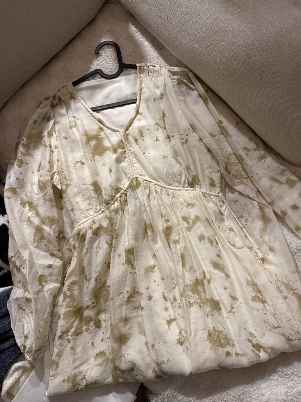Women's Cream Tie-Dye Long Sleeve Peasant Dress